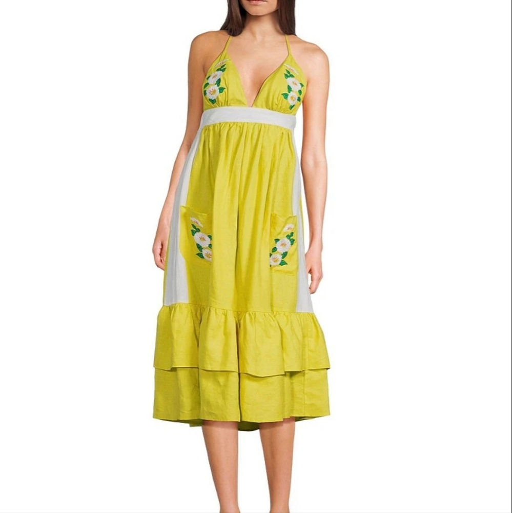 🏷Fanm Mon🌻Yamile Floral Embroidered Halter Tie Neck Midi Dress Yellow Linen